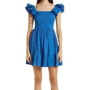 MILLE Bea Smocked Ruffle Sleeve Mini Dress Blue Cotton Pockets Size Large
